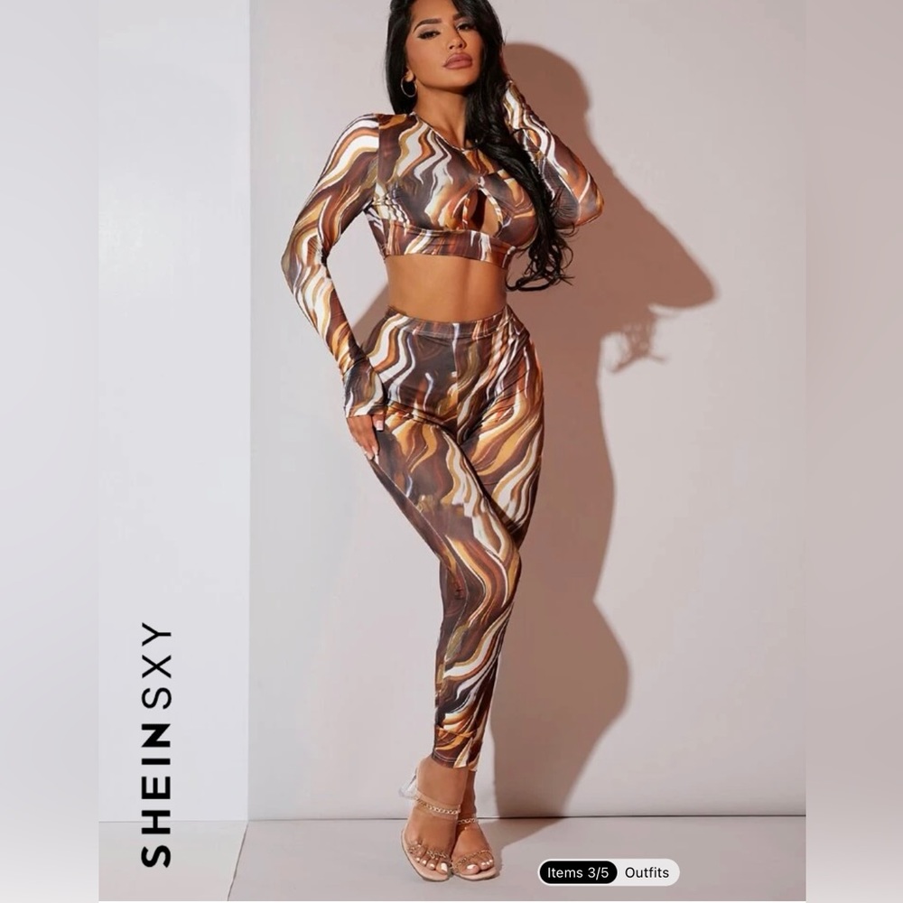 SHEIN ~ SXY Marble Print Cut Out Crop Top & Leggings